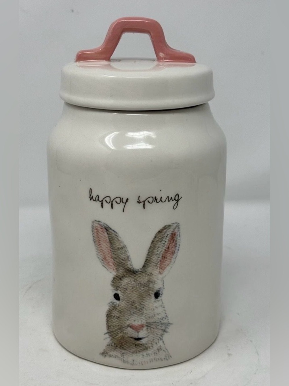 Rae Dunn “Happy Spring” Bunny Rabbit Canister Ivory Pink Handle 7.5” Easter EUC